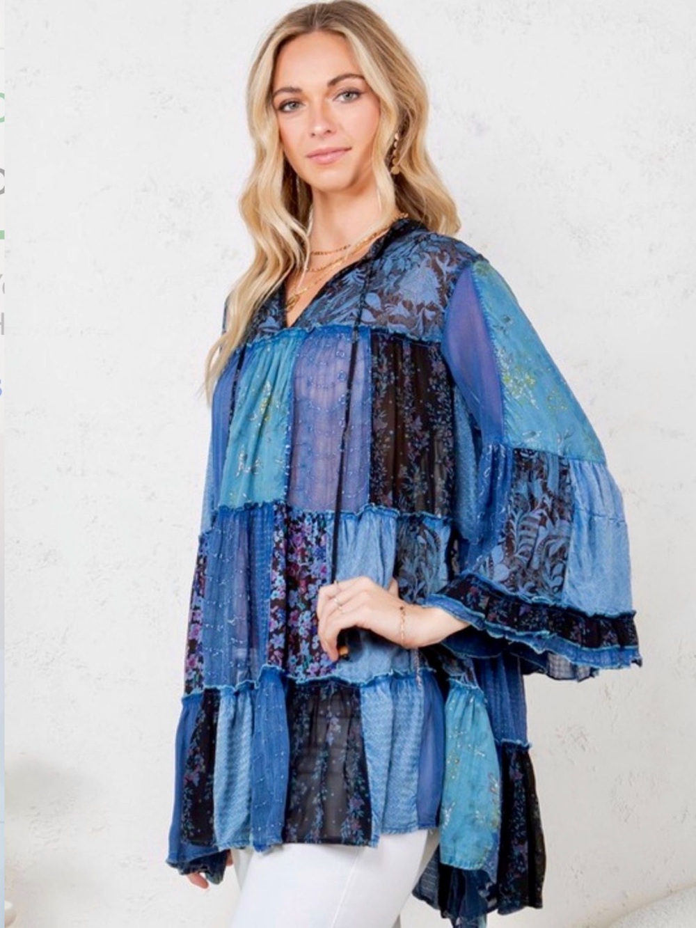 YOUNG THREADS Deep Indigo Patchwork Boho Tunic Blouse NWT - Picture 2 of 3